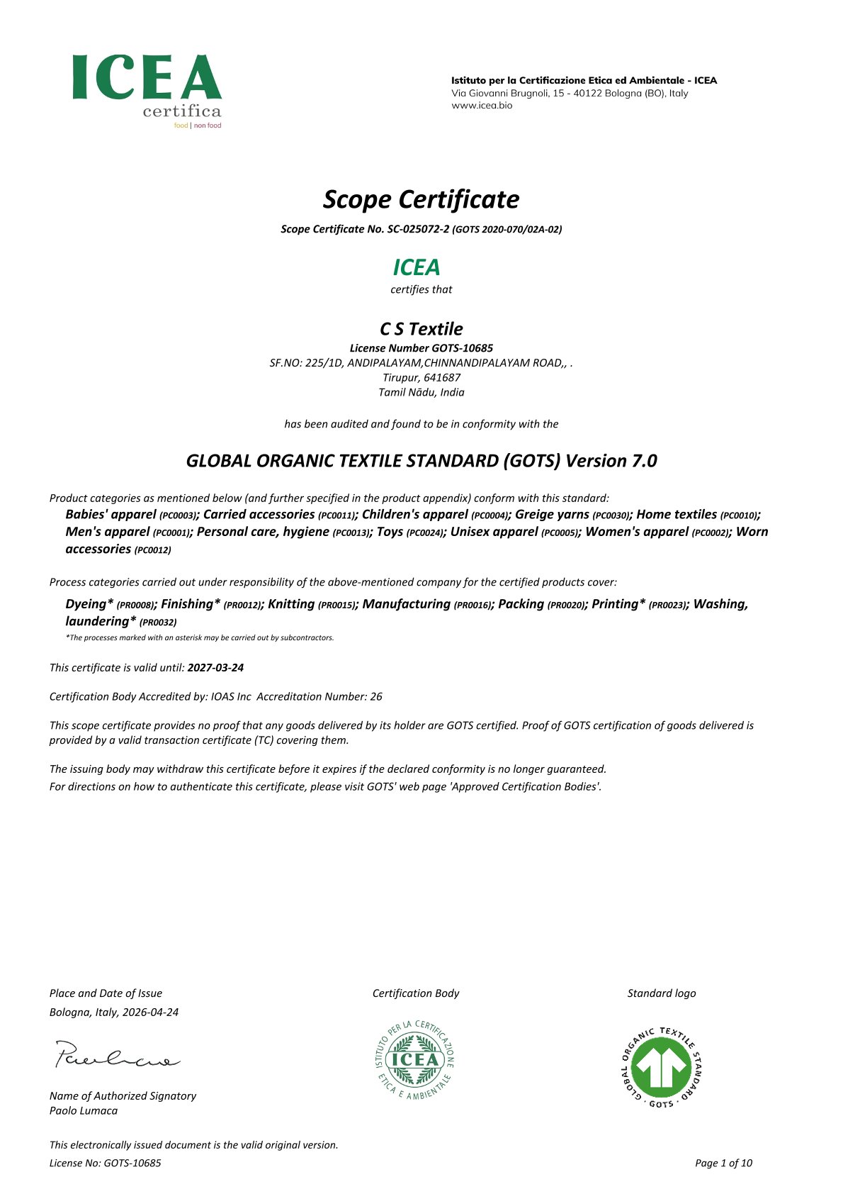 GOTS certificate