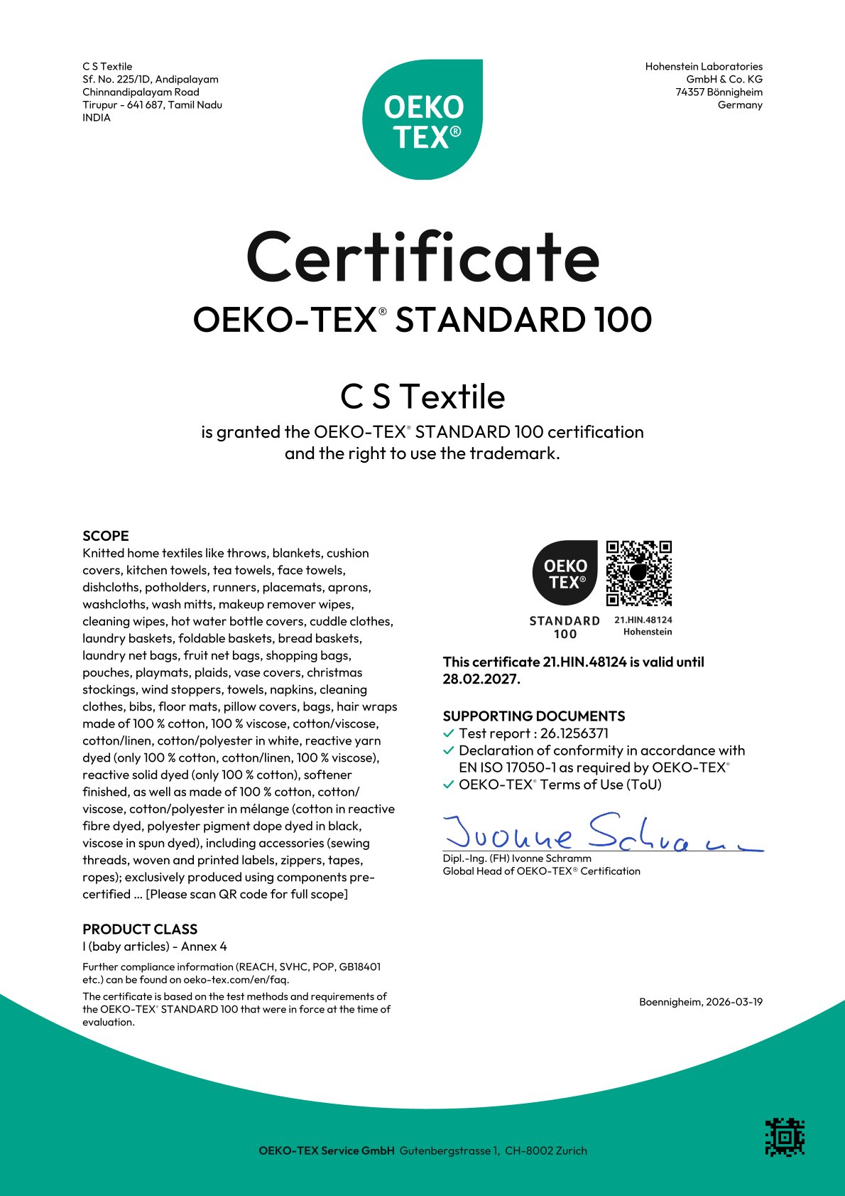 OEKO-TEX&reg; 100 certificate